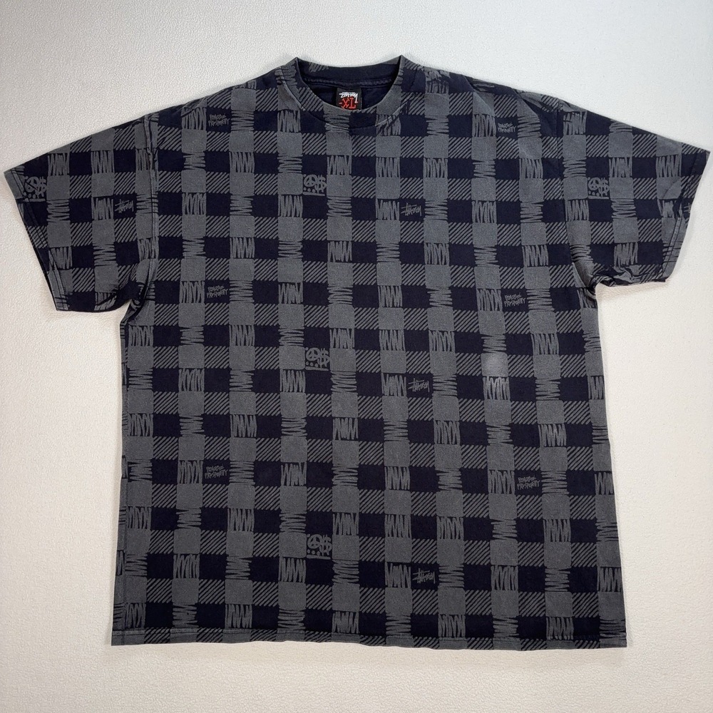 Stussy T-Shirt‎ Men's XL Gray Check Plaid 100% Cotton Crewneck Y2K